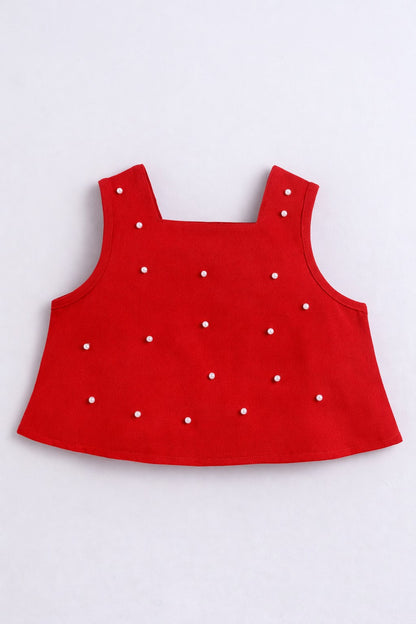 Bananna Crape Fabric Sleeveless Pearl Design Crop Top With Bottom Co Ords Set