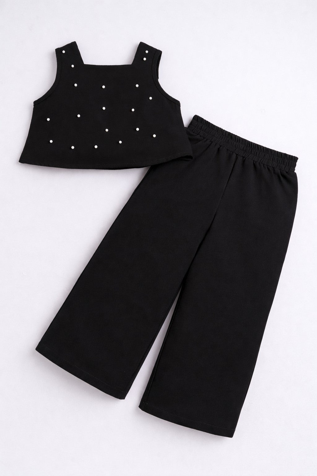 Bananna Crape Fabric Sleeveless Pearl Design Crop Top With Bottom Co Ords Set