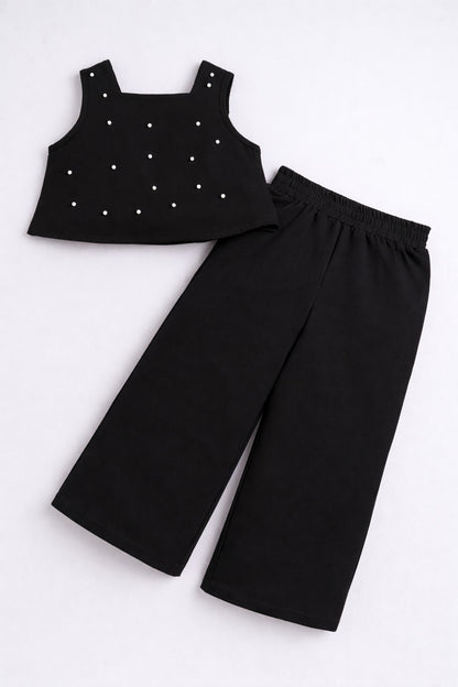 Bananna Crape Fabric Sleeveless Pearl Design Crop Top With Bottom Co Ords Set