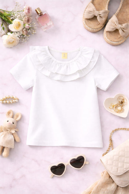 100% Cotton Jersey Short Sleeves Frill Collar Top