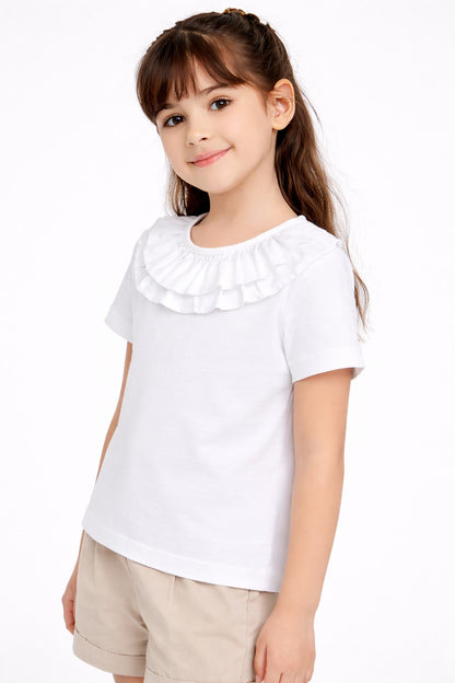 100% Cotton Jersey Short Sleeves Frill Collar Top