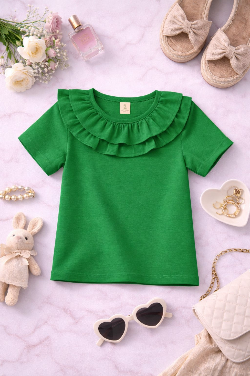100% Cotton Jersey Short Sleeves Frill Collar Top
