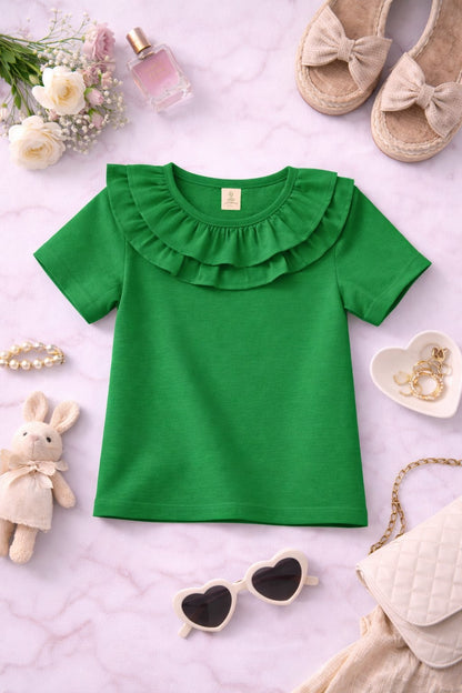 100% Cotton Jersey Short Sleeves Frill Collar Top