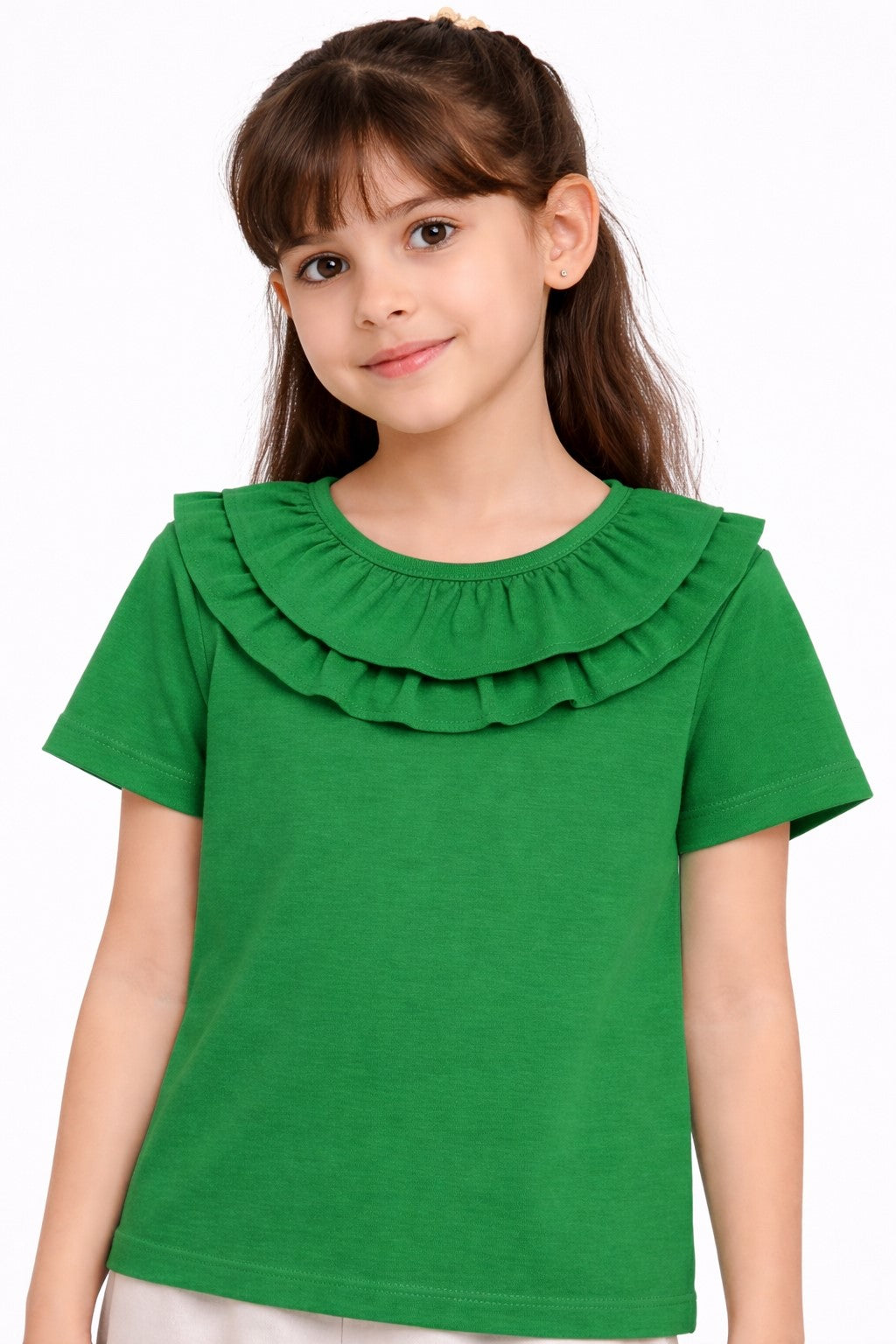 100% Cotton Jersey Short Sleeves Frill Collar Top