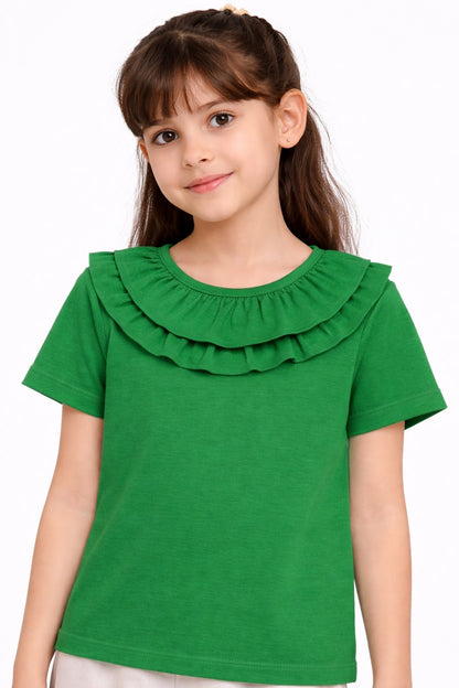 100% Cotton Jersey Short Sleeves Frill Collar Top