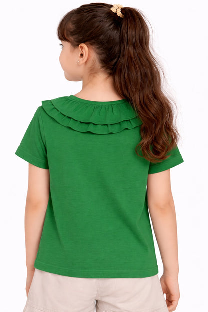 100% Cotton Jersey Short Sleeves Frill Collar Top