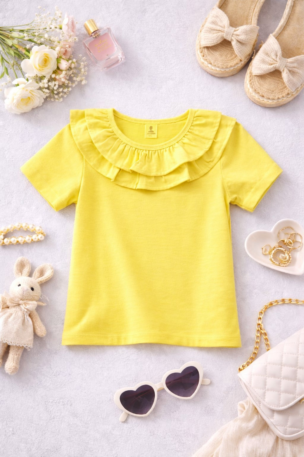 100% Cotton Jersey Short Sleeves Frill Collar Top