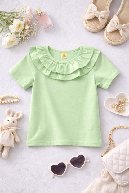 100% Cotton Jersey Short Sleeves Frill Collar Top