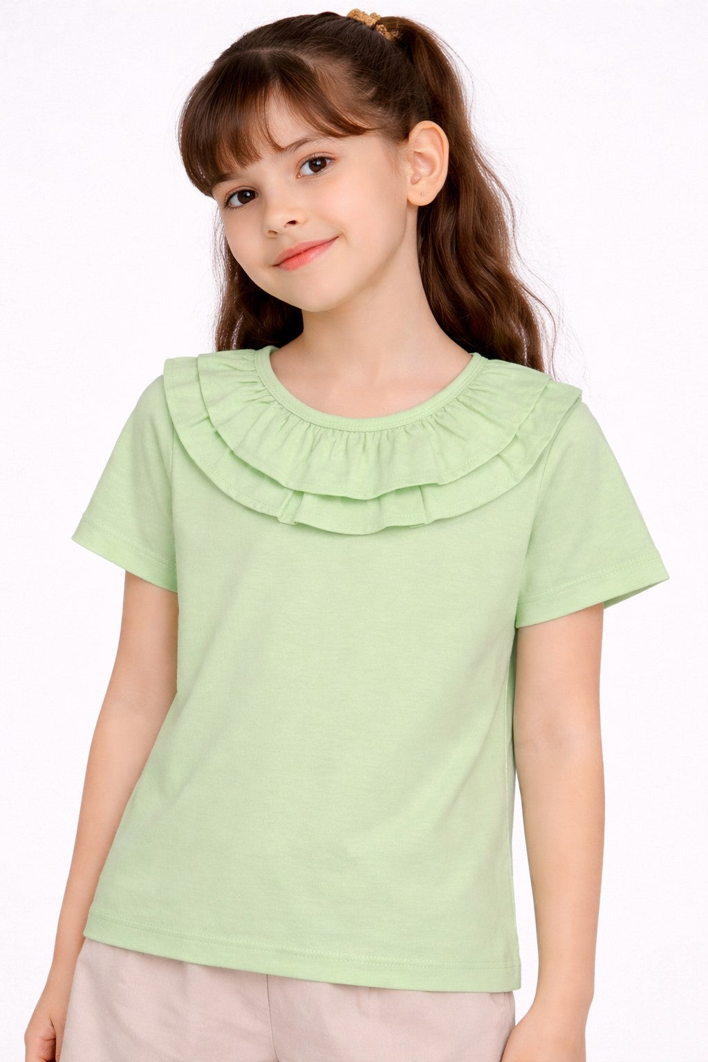 100% Cotton Jersey Short Sleeves Frill Collar Top
