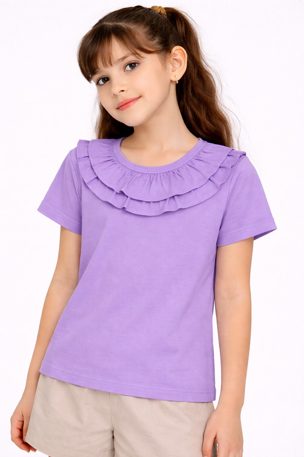 100% Cotton Jersey Short Sleeves Frill Collar Top