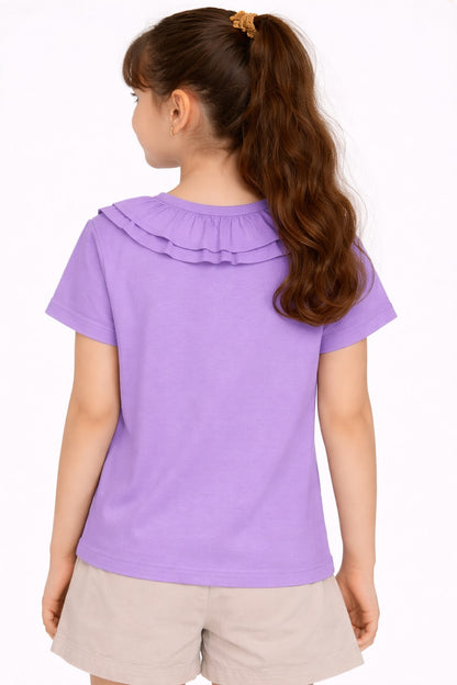 100% Cotton Jersey Short Sleeves Frill Collar Top