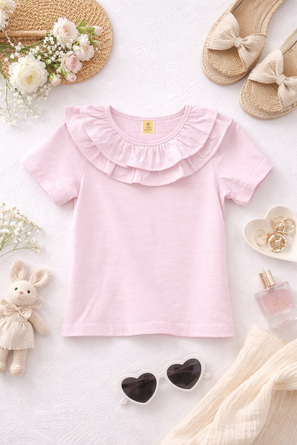 100% Cotton Jersey Short Sleeves Frill Collar Top
