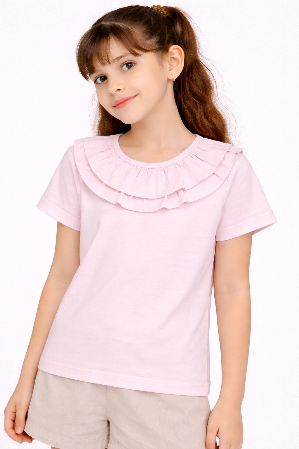 100% Cotton Jersey Short Sleeves Frill Collar Top