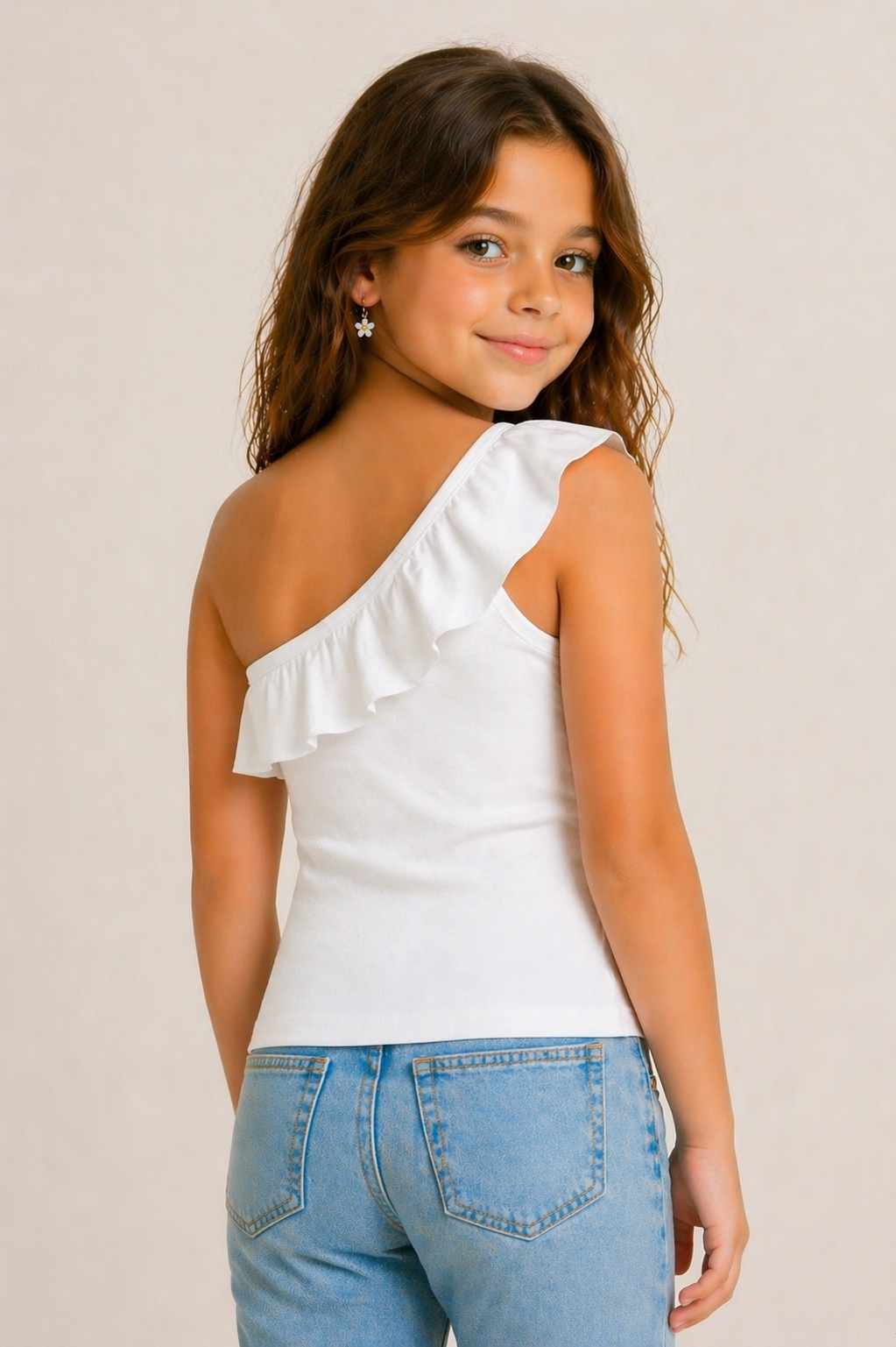 100% Cotton Jersey One Shoulder Frill Collar Top