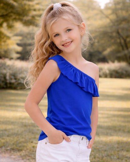 100% Cotton Jersey One Shoulder Frill Collar Top