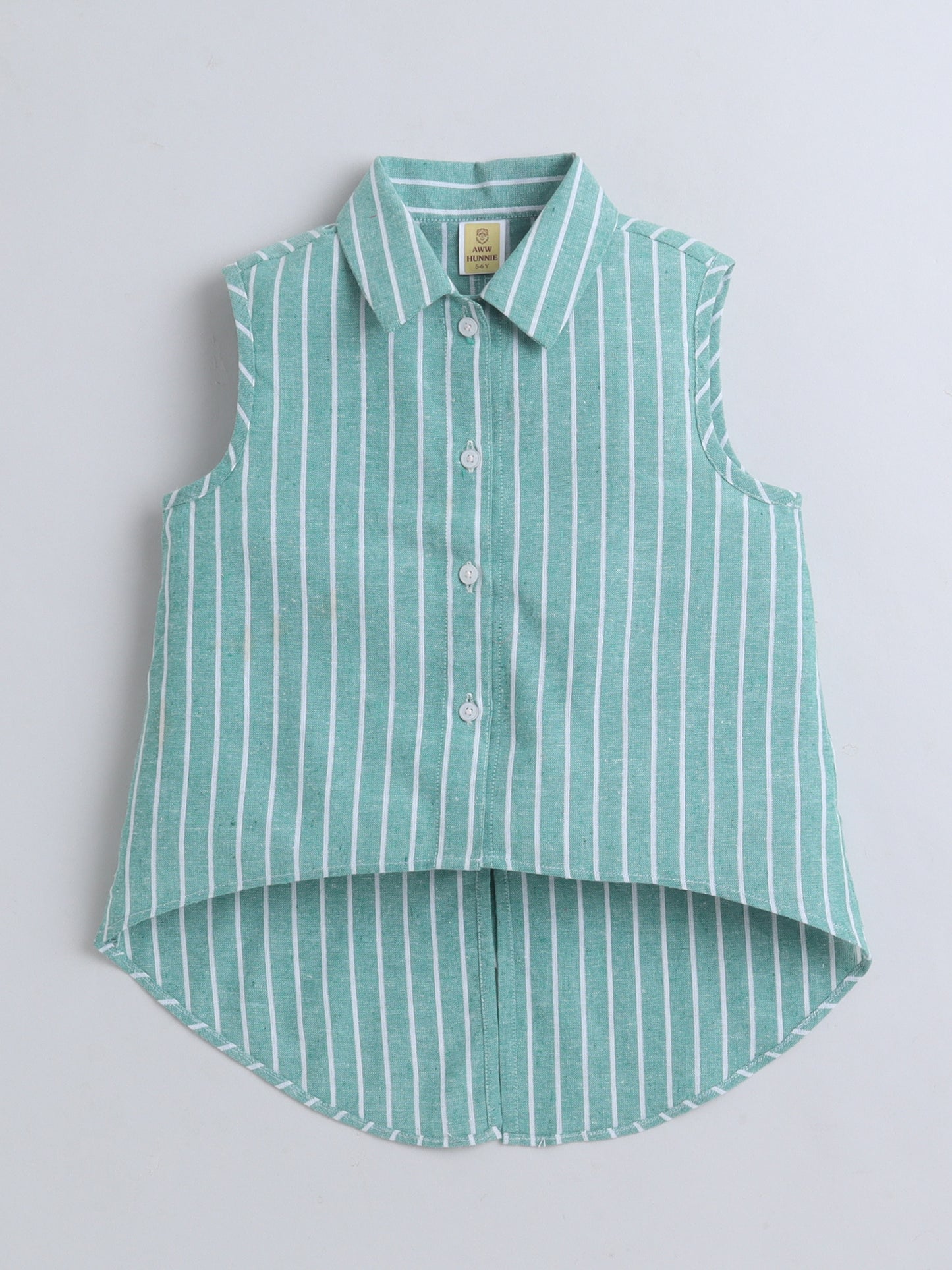 100% Cotton Sleeveless Green Stripe High-Low Shirt Top