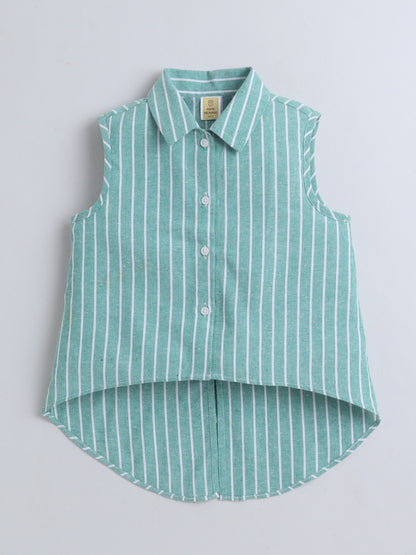 100% Cotton Sleeveless Green Stripe High-Low Shirt Top