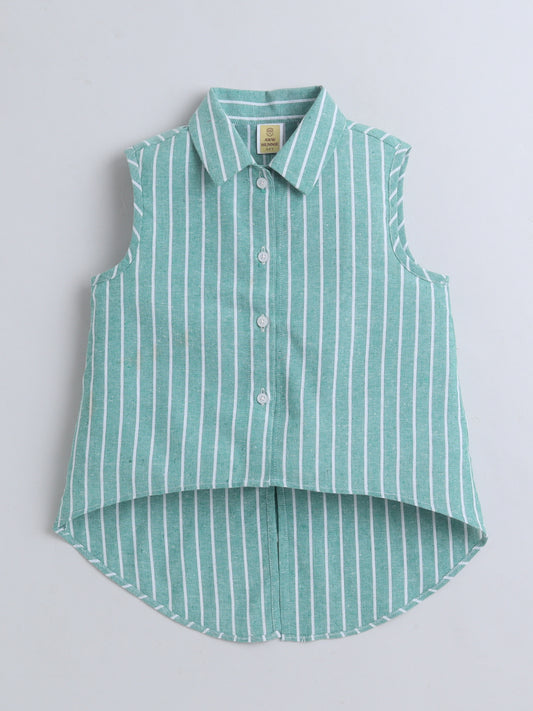 100% Cotton Sleeveless Green Stripe High-Low Shirt Top