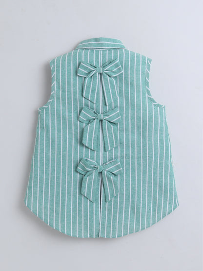 100% Cotton Sleeveless Green Stripe High-Low Shirt Top