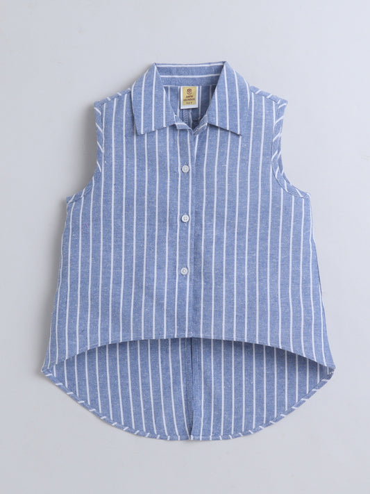 100% Cotton Sleeveless Green Stripe High-Low Shirt Top