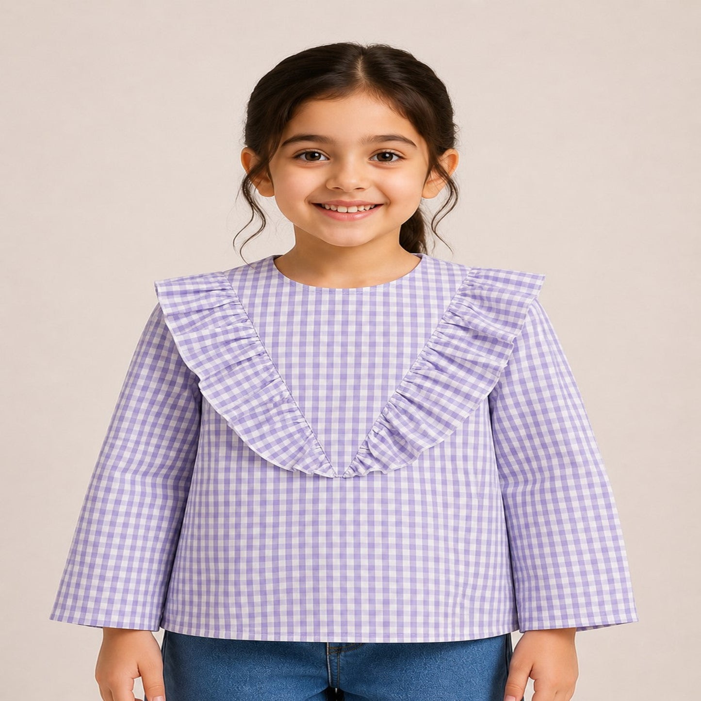 Aww Hunnie Cotton Full Sleeves Check Frill Style Top
