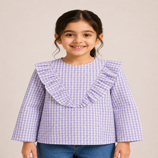 Aww Hunnie Cotton Full Sleeves Check Frill Style Top