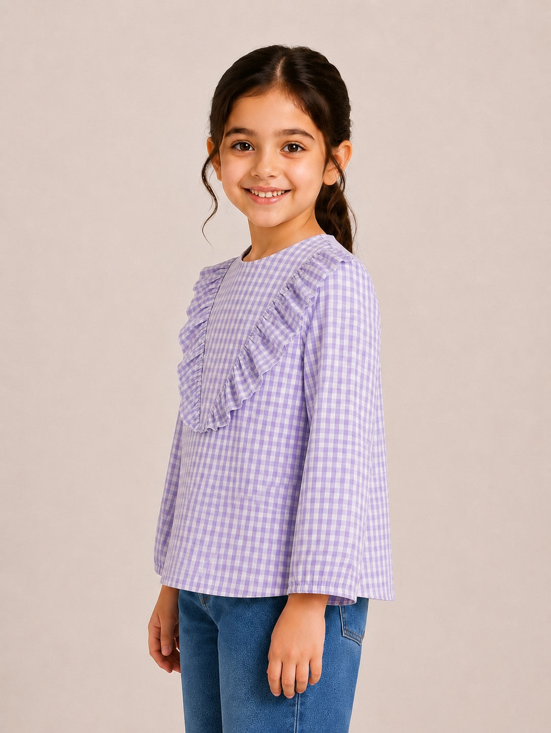 Aww Hunnie Cotton Full Sleeves Check Frill Style Top