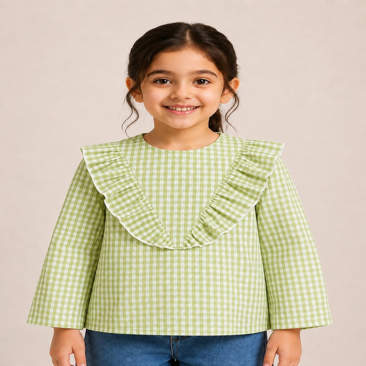 Aww Hunnie Cotton Full Sleeves Check Frill Style Top