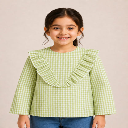 Aww Hunnie Cotton Full Sleeves Check Frill Style Top
