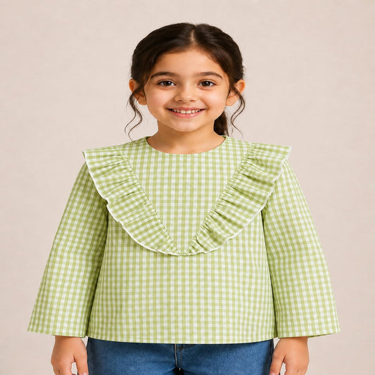 Aww Hunnie Cotton Full Sleeves Check Frill Style Top