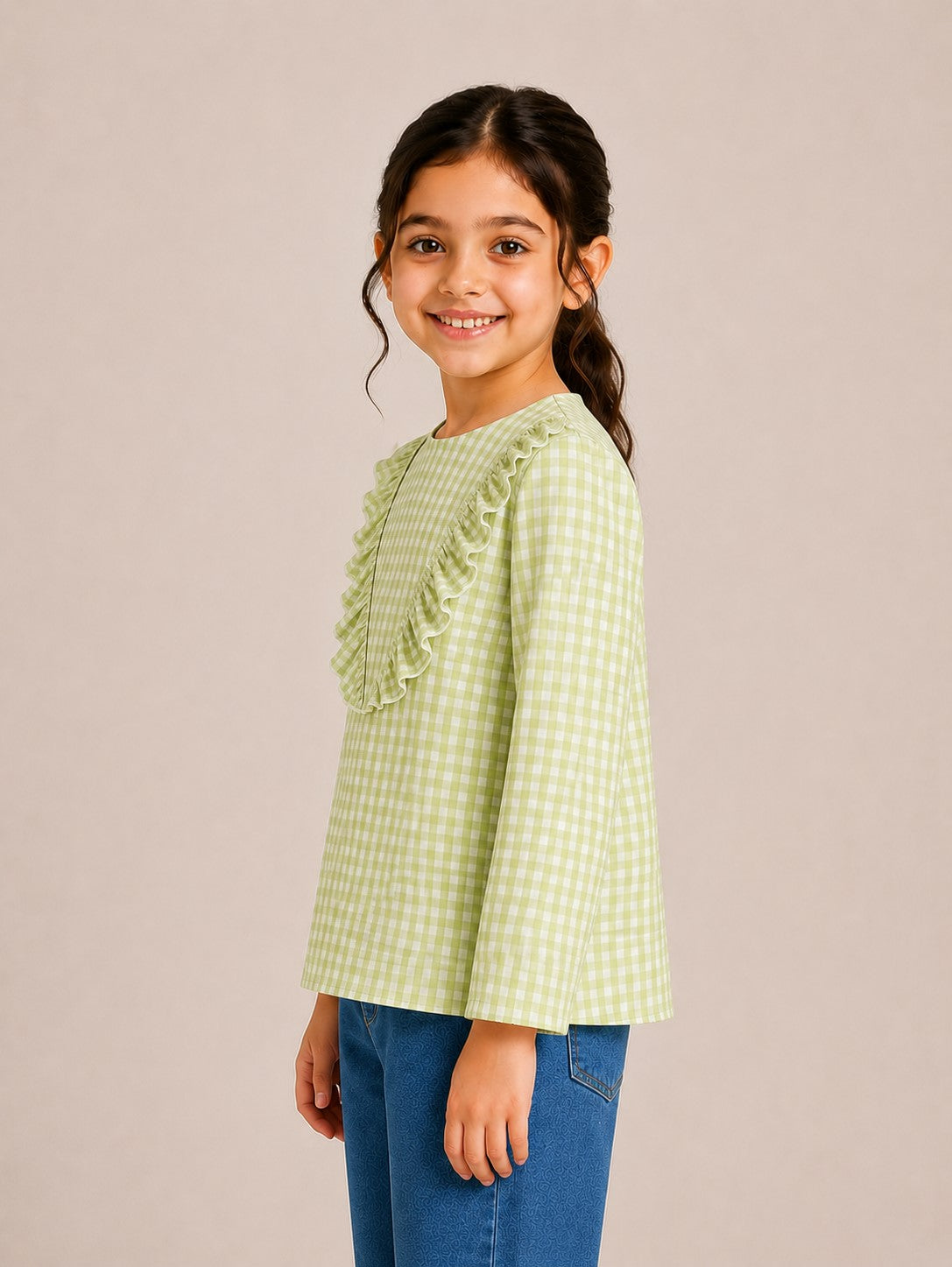 Aww Hunnie Cotton Full Sleeves Check Frill Style Top