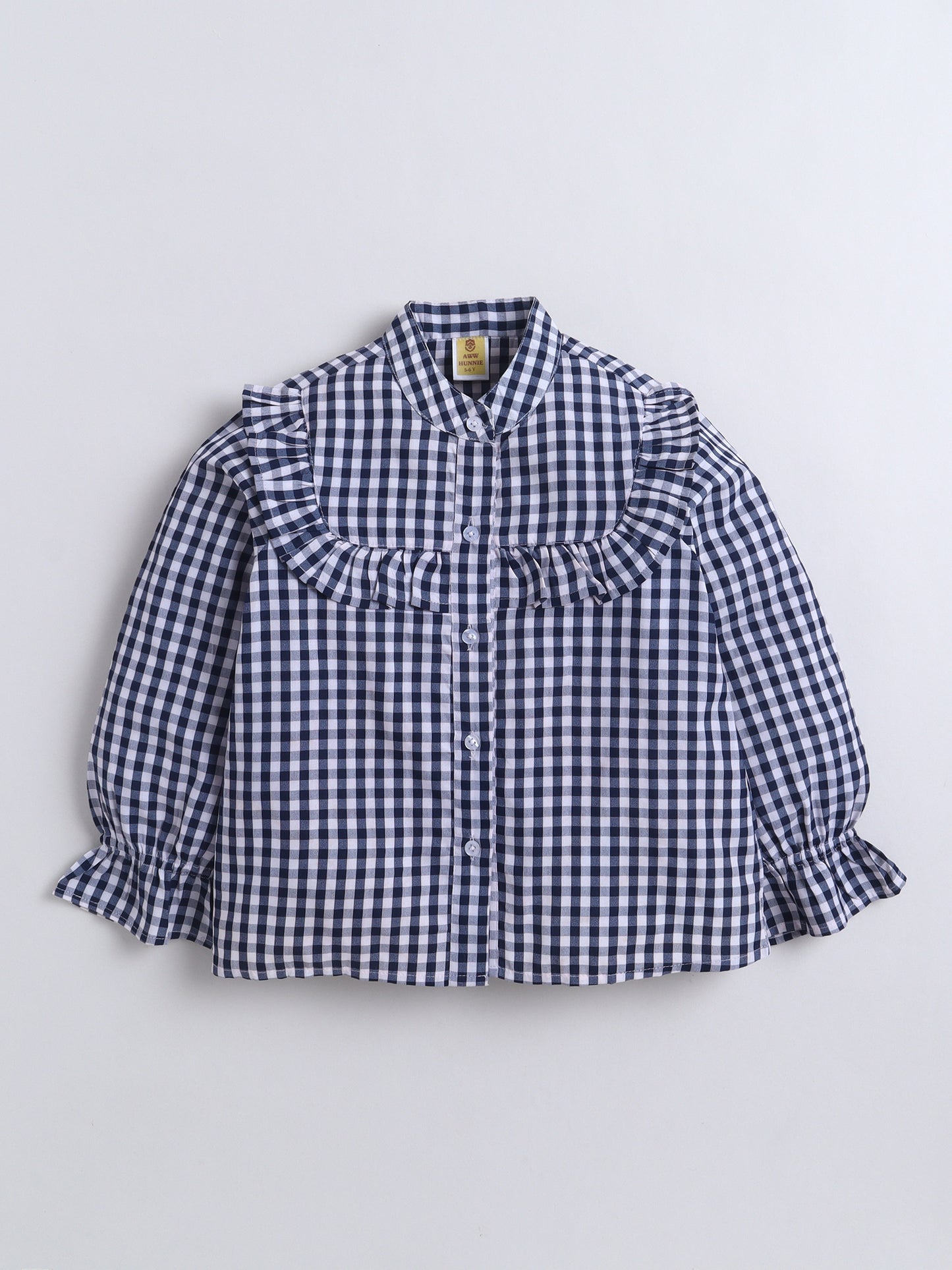 Aww Hunnie Cotton Full Sleeves Check Frill Style Front Open Top