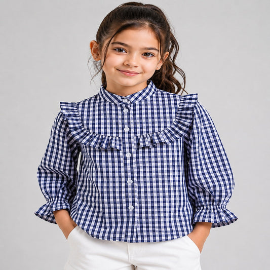 Aww Hunnie Cotton Full Sleeves Check Frill Style Front Open Top