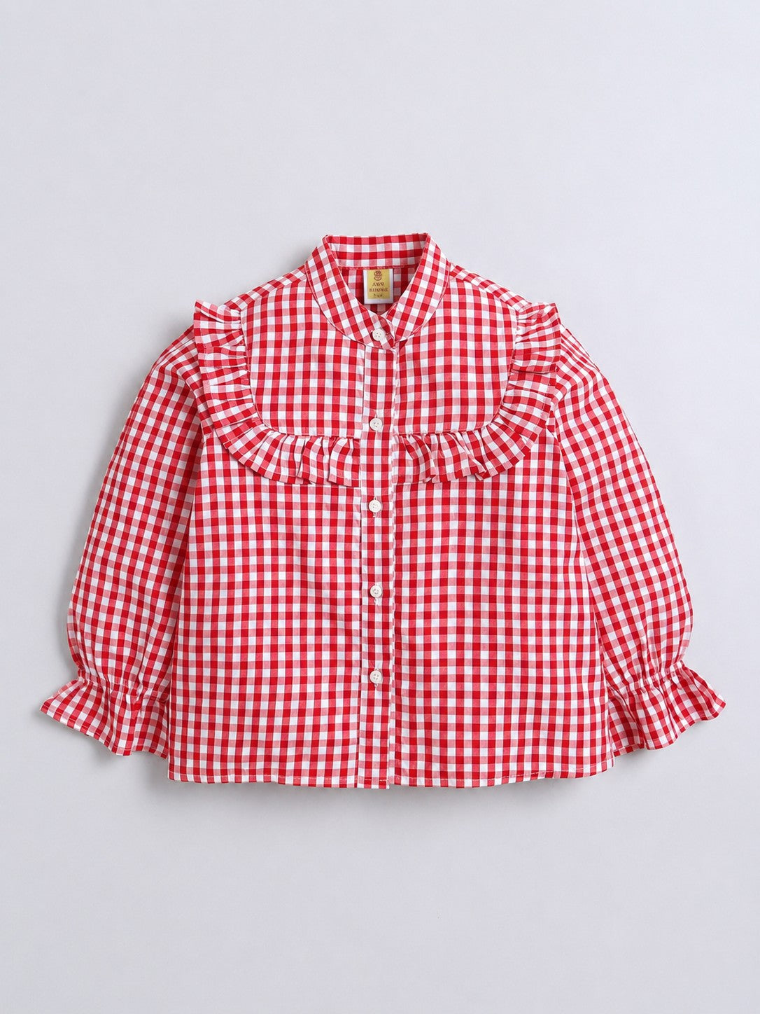 Aww Hunnie Cotton Full Sleeves Check Frill Style Front Open Top