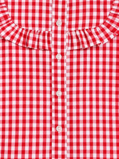 Aww Hunnie Cotton Full Sleeves Check Frill Style Front Open Top