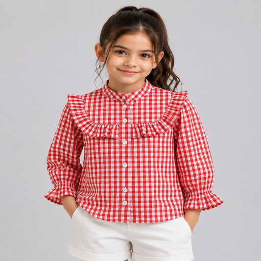 Aww Hunnie Cotton Full Sleeves Check Frill Style Front Open Top