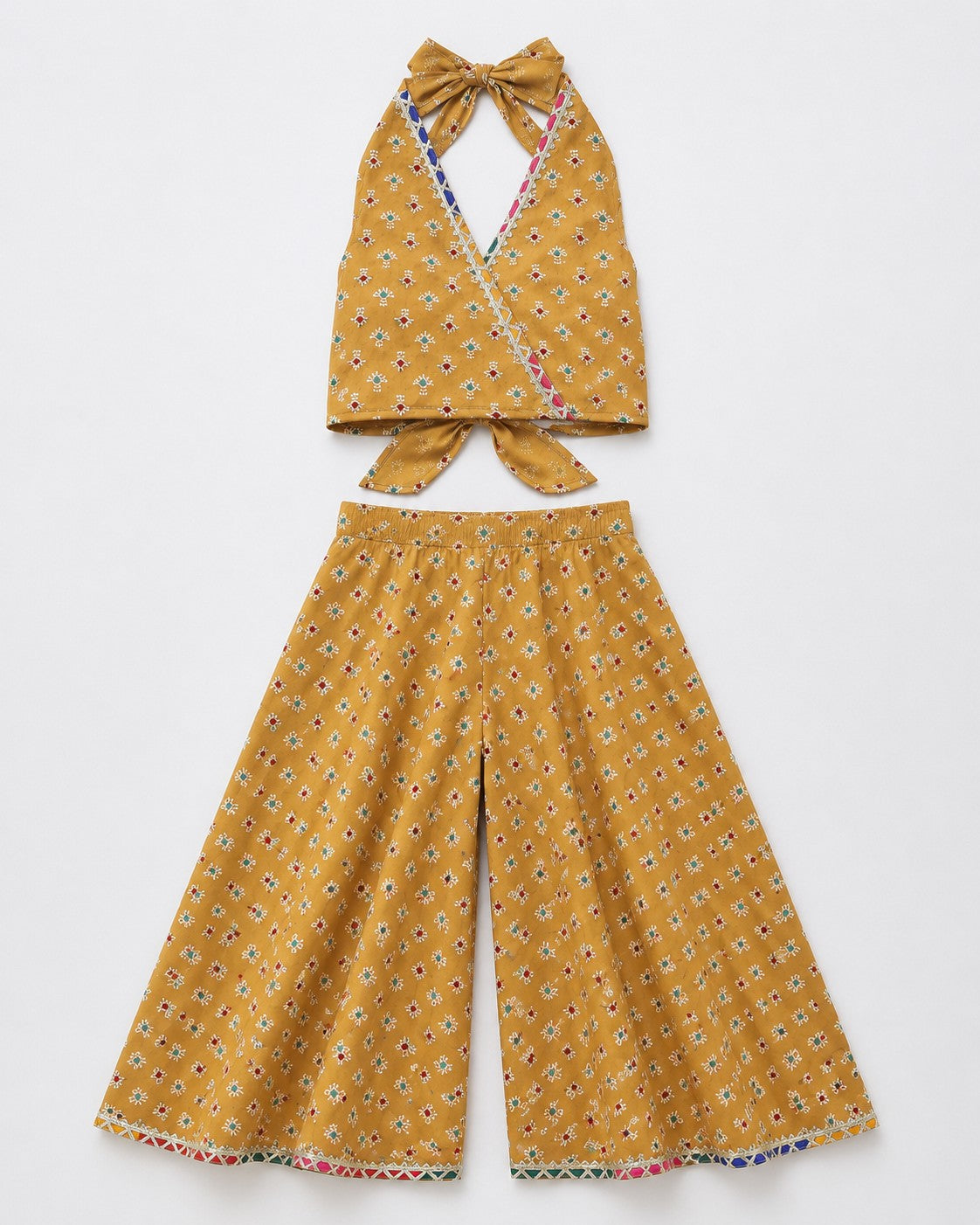 Aww Hunnie Cotton Ryon Sleeveless Back knote Crop Top With Plazzo - Mustard