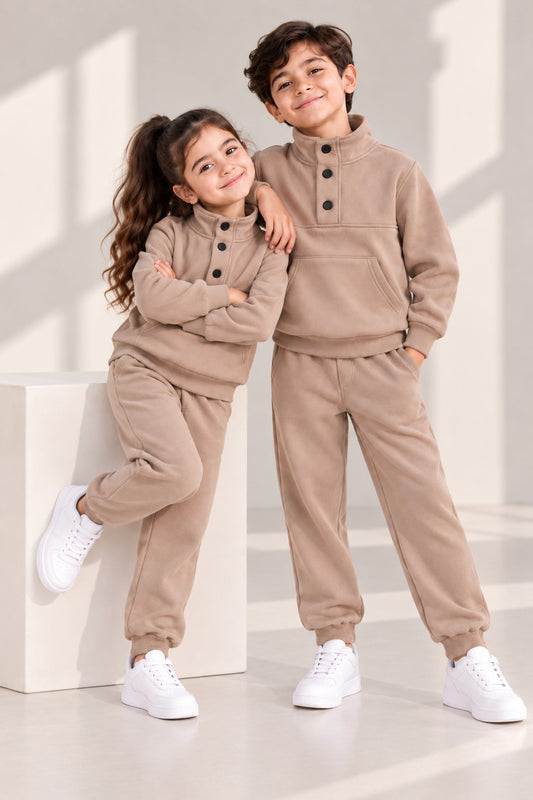 Aww Hunnie Full Sleeves Solid High-Neck Fleece Jogger Set