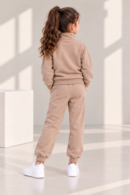 Aww Hunnie Full Sleeves Solid High-Neck Fleece Jogger Set