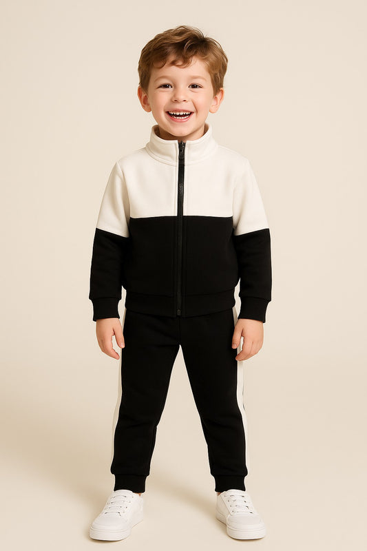Cotton Fleece Full Sleeves Front Open Zipper Jogger Set - White
