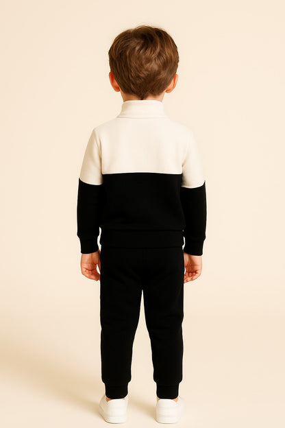 Cotton Fleece Full Sleeves Front Open Zipper Jogger Set - White