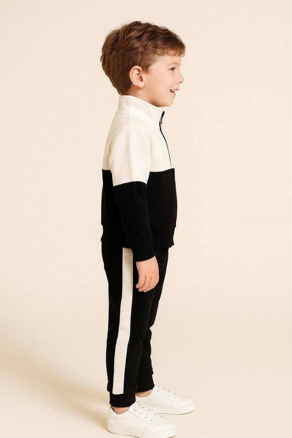 Cotton Fleece Full Sleeves Front Open Zipper Jogger Set - White