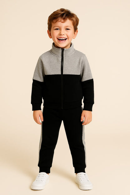 Cotton Fleece Full Sleeves Front Open Zipper Jogger Set - White