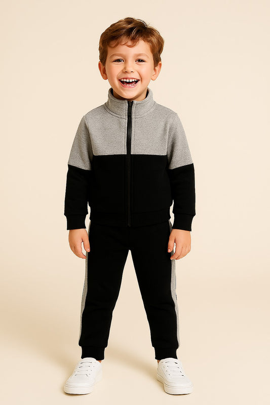 Cotton Fleece Full Sleeves Front Open Zipper Jogger Set - White