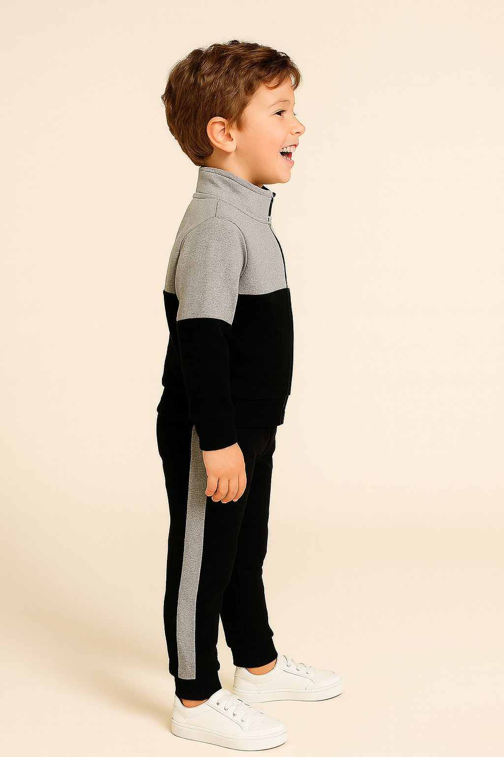 Cotton Fleece Full Sleeves Front Open Zipper Jogger Set - White