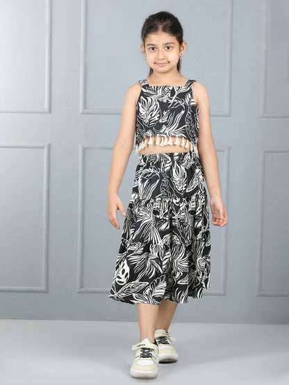 Aww Hunnie Premium Leaf-Print Top & Calf-Length Skirt Set – 100% Cotton Rayon